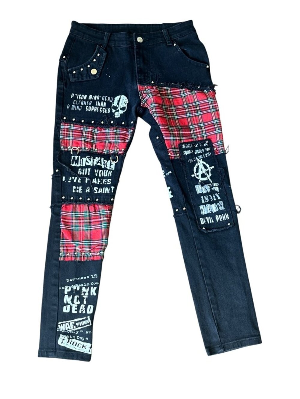 Women's Black & Red Plaid Skinny Pants - Picture 2 of 7